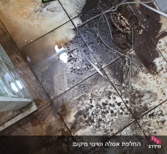 רצפה מלוכלכת עם מים, מגב וחוטים